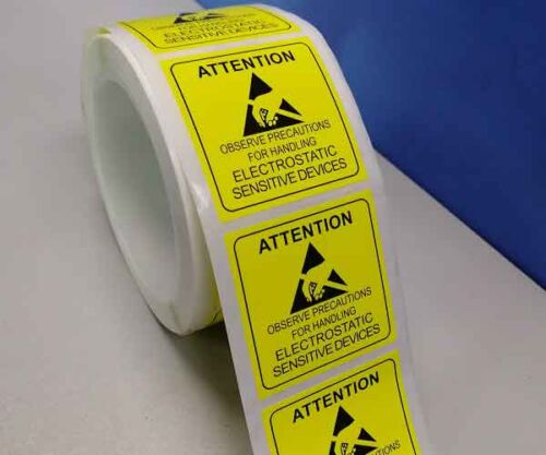 Yellow ESD warning labels